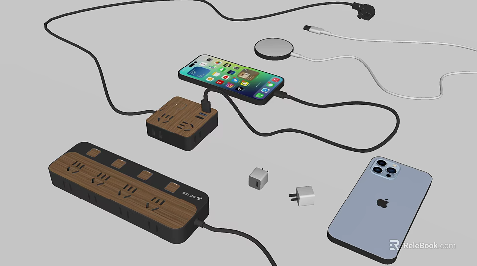 Wooden Power Strip With Multiple Outlets For Mobile Phone Charging And Wireless Charger 3d model 