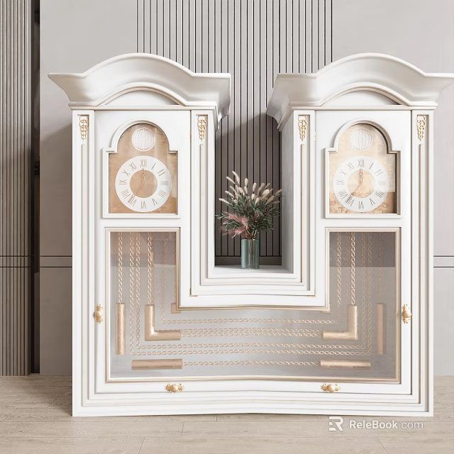 Classic White Decorative Cabinets with Gold Accents Symmetric Design Clock Details and Center Flower Vase 3d model 