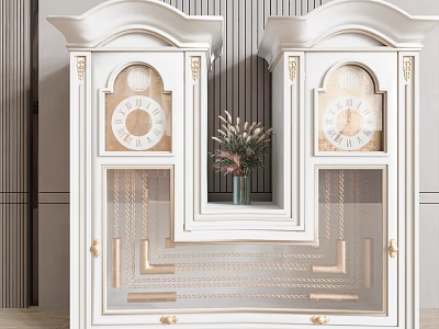 Classic White Decorative Cabinets with Gold Accents Symmetric Design Clock Details and Center Flower Vase 3d model
