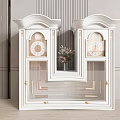 Classic White Decorative Cabinets with Gold Accents Symmetric Design Clock Details and Center Flower Vase