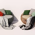 Gray And Wicker Round Single Sofa With Colorful Cushions And Soft Blanket