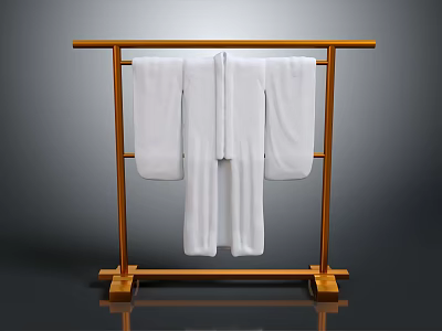 Soft White Robes Hanging On Golden Metal Clothes Rack Against Gray Background 3d model