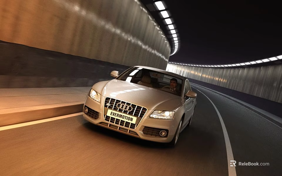 Silver Audi Car Driving On Road Through Illuminated Tunnel At Night 3d model 