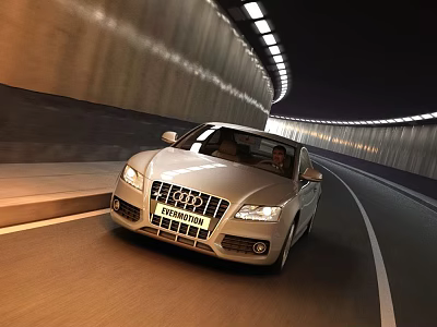 Silver Audi Car Driving On Road Through Illuminated Tunnel At Night 3d model