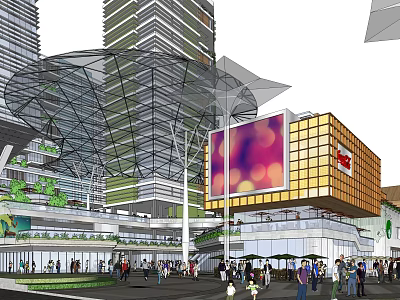 Vibrant Modern Commercial Street With Glass Canopy Large Digital Screen Greenery And Pedestrians 3d model