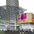 Vibrant Modern Commercial Street With Glass Canopy Large Digital Screen Greenery And Pedestrians