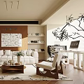 Modern Living Room Interior Design With White Sofa Coffee Table Rug Decorative Painting And Bookshelves