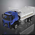 Blue Cab White Bed Dump Truck Model With Multiple Wheels And Reflective Surface