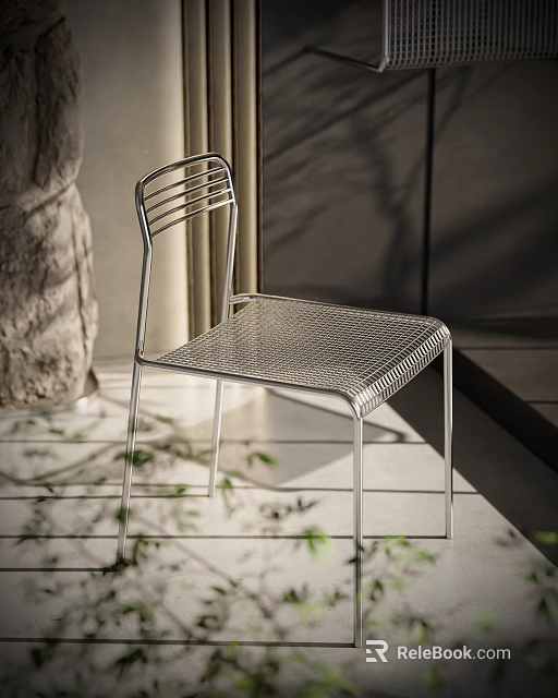Modern Minimalist Metal Leisure Chair With Silver Frame And Mesh Design In Natural Light 3d model 