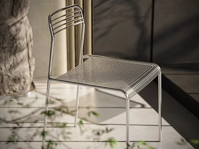 Modern Minimalist Metal Leisure Chair With Silver Frame And Mesh Design In Natural Light 3d model