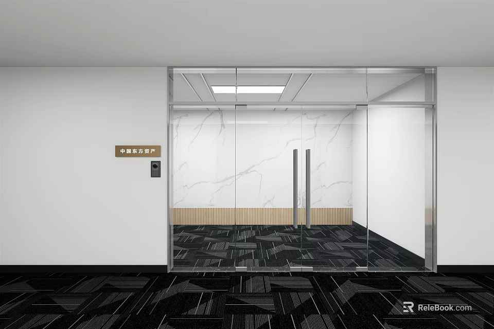 Modern Office Entrance With Glass Door Marble Wall And Geometric Floor 3d model 