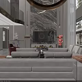 Modern Living and Dining Room Interior With Marble Counter Wooden Cabinets And Chandelier