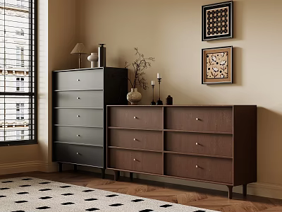 Dark Brown Entryway Cabinet And Black Side Cabinet With Drawers Wall Art And Clock 3d model
