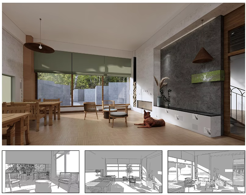 Modern Natural Reception Room Interior Design With Wooden Furniture Large Windows And Green Plants 3d model 
