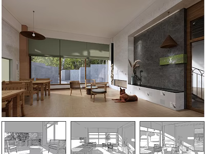 Modern Natural Reception Room Interior Design With Wooden Furniture Large Windows And Green Plants 3d model
