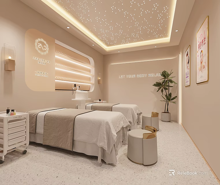 Elegant Modern Beauty Salon Interior With Treatment Beds Starry Ceiling And Green Plant 3d model 