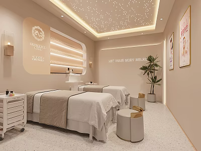 Elegant Modern Beauty Salon Interior With Treatment Beds Starry Ceiling And Green Plant 3d model