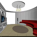 Modern Living Room Interior With Red Curved Sofa White TV Cabinet And Round Coffee Table