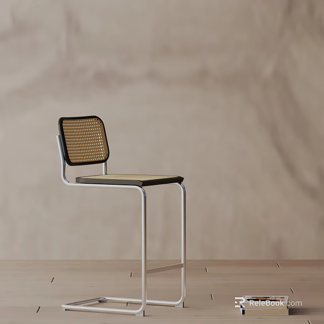 Modern Bar Stool With Silver Metal Frame Woven Backrest And Wooden Seat Design 3d model 