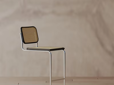 Modern Bar Stool With Silver Metal Frame Woven Backrest And Wooden Seat Design 3d model