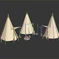 White Teepee Tents Interior Decor Setup With Wooden Poles And Decorative Accessories