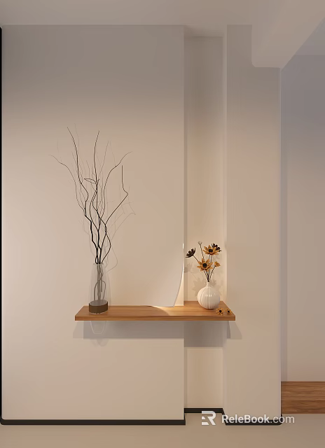 Minimalist Foyer Hallway With Wooden Shelf And Vases 3d model 