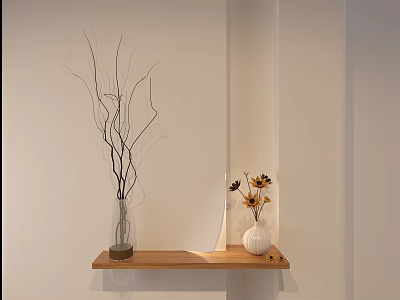 Minimalist Foyer Hallway With Wooden Shelf And Vases 3d model