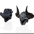 Fantasy Armor Helmets With Spiked Design And Horned Metallic Finish On White Background