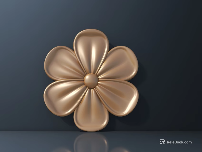 Golden Flower Decoration On Dark Background With Shiny Curved Petals And Reflection 3d model 