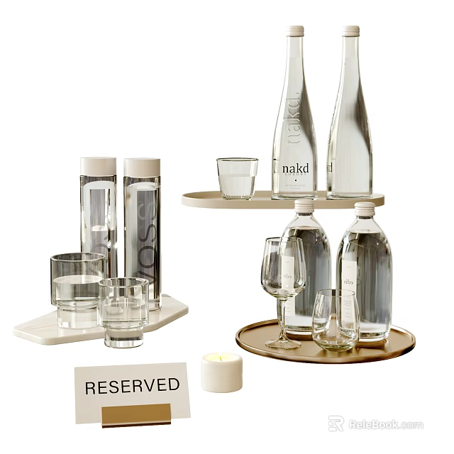 Transparent Glass Cups Arranged on Decorative Trays with Bottles and Small Candle 3d model 