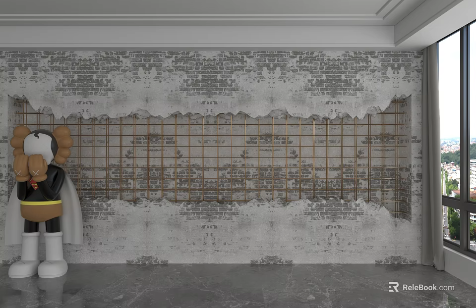 Modern Industrial Gray Brick Background Wall Featuring Gold Grid And Cartoon Doll 3d model 