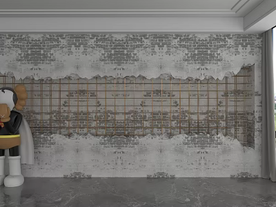 Modern Industrial Gray Brick Background Wall Featuring Gold Grid And Cartoon Doll 3d model