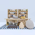 Wooden Display Shelves With Pillows Towels Tea Sets And Home Decor Items