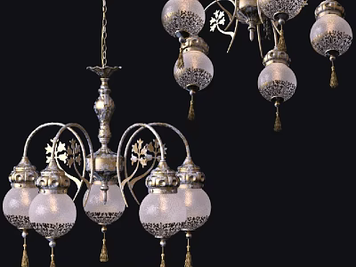 Elegant Vintage Chandelier With Metallic Frame Multiple Glass Shades And Intricate Decorative Design 3d model