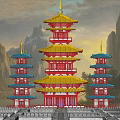 Traditional Chinese Multi tiered Pagoda With Red Gold Roof Surrounded By Mountains And Lakes