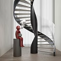 Modern Interior Design With Spiral Staircase Red Sculpture And White Blinds