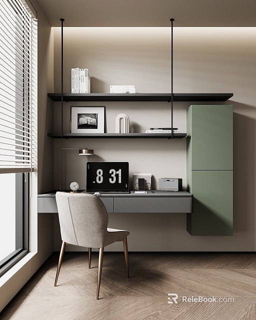 Modern Home Office Desk With Green Cabinet Shelf Books Lamp And Chair 3d model 