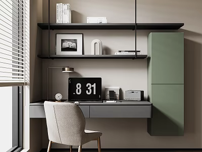 Modern Home Office Desk With Green Cabinet Shelf Books Lamp And Chair 3d model