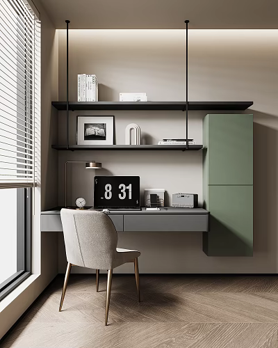 Modern Home Office Desk With Green Cabinet Shelf Books Lamp And Chair 3d model