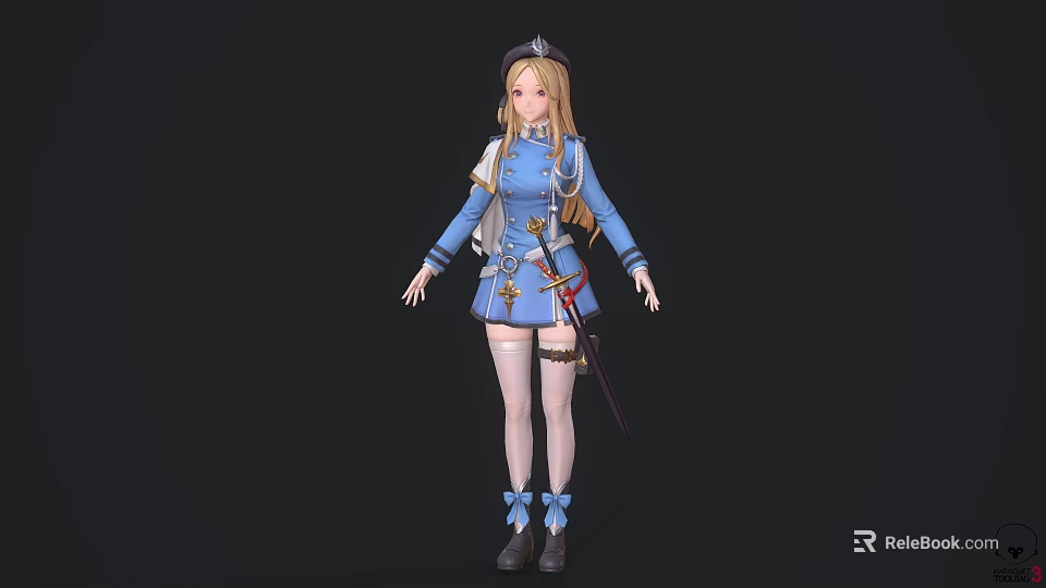 3D Model Woman in Blue Uniform with Blonde Hair Sword Stockings Bow and Hat 3d model 