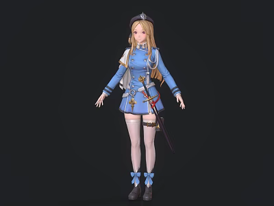 3D Model Woman in Blue Uniform with Blonde Hair Sword Stockings Bow and Hat 3d model