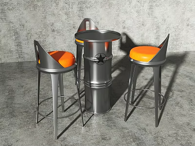 Metallic Circular Bar Counter With Star Emblem And Orange Padded High Stools In Grey Backdrop 3d model