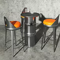 Metallic Circular Bar Counter With Star Emblem And Orange Padded High Stools In Grey Backdrop