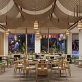 Modern Oriental Restaurant Interior With Wooden Screens Lantern Lights Green Benches And White Columns