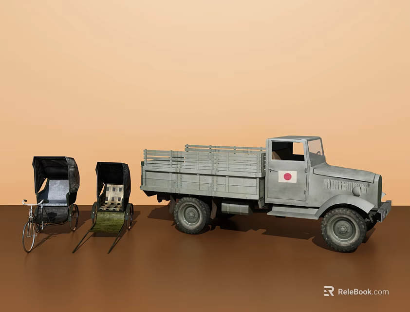 Vintage Military Truck With Open Bed And Two Traditional Rickshaws On Brown Backdrop 3d model 