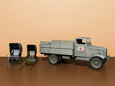 Vintage Military Truck With Open Bed And Two Traditional Rickshaws On Brown Backdrop 3d model
