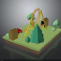 3D Miniature Amusement Park Landscape With Roller Coaster Red Car Green Trees And Small Buildings