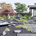 Traditional Courtyard Garden With Japanese Wooden House Stone Lanterns And Maple Tree
