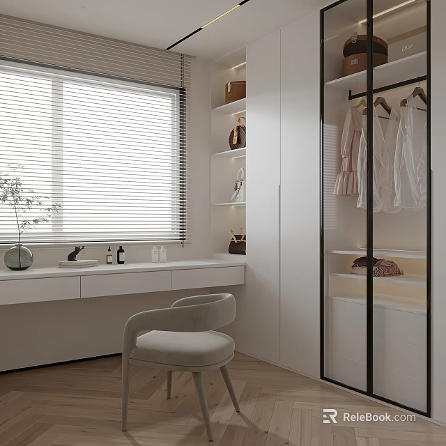 Modern Walk in Closet With Dressing Table Chair And Window Blinds 3d model