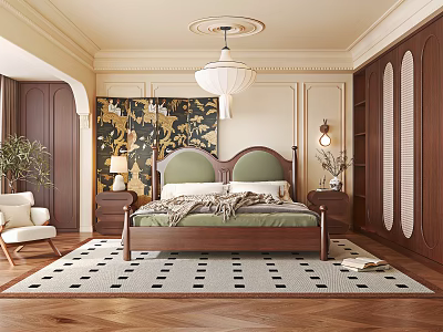 Stylish Bedroom Interior With Green Headboard Wooden Bed Gold Patterned Wallpaper And Geometric Rug 3d model